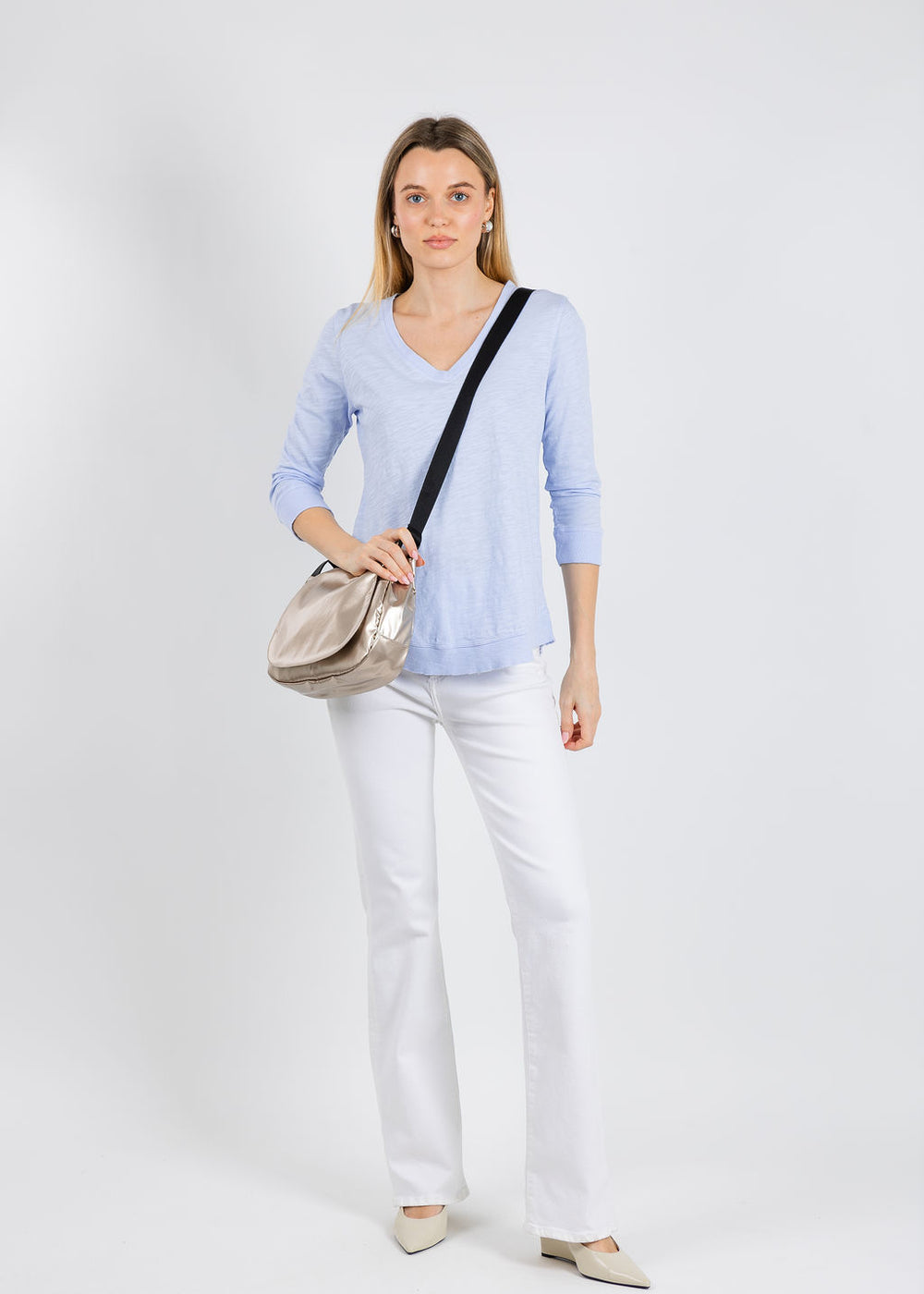 Elliott Lauren Silvie Rib 3/4 Sleeve V-Neck Tee in Sky Blue available at Barbara Katz
