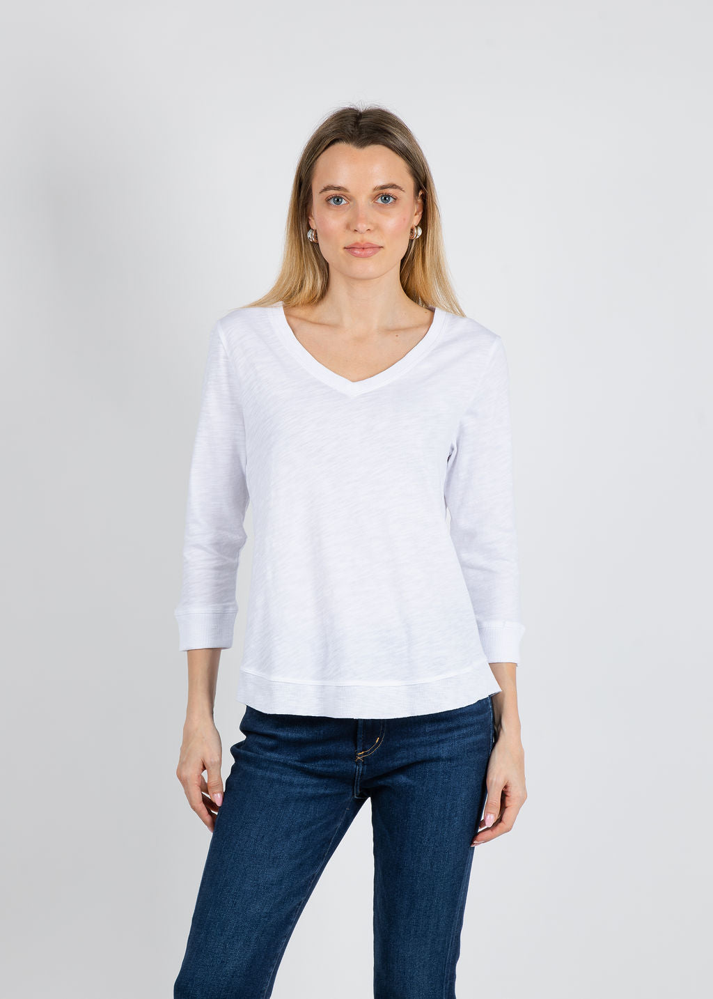 Elliott Lauren Silvie Rib 3/4 Sleeve V-Neck Tee in White available at Barbara Katz
