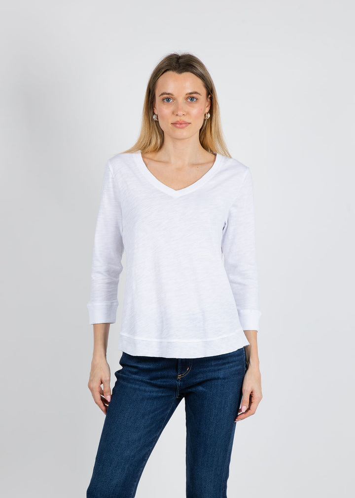 Elliott Lauren Silvie Rib 3/4 Sleeve V-Neck Tee in White available at Barbara Katz