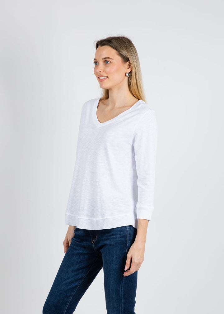 Elliott Lauren Silvie Rib 3/4 Sleeve V-Neck Tee in White available at Barbara Katz