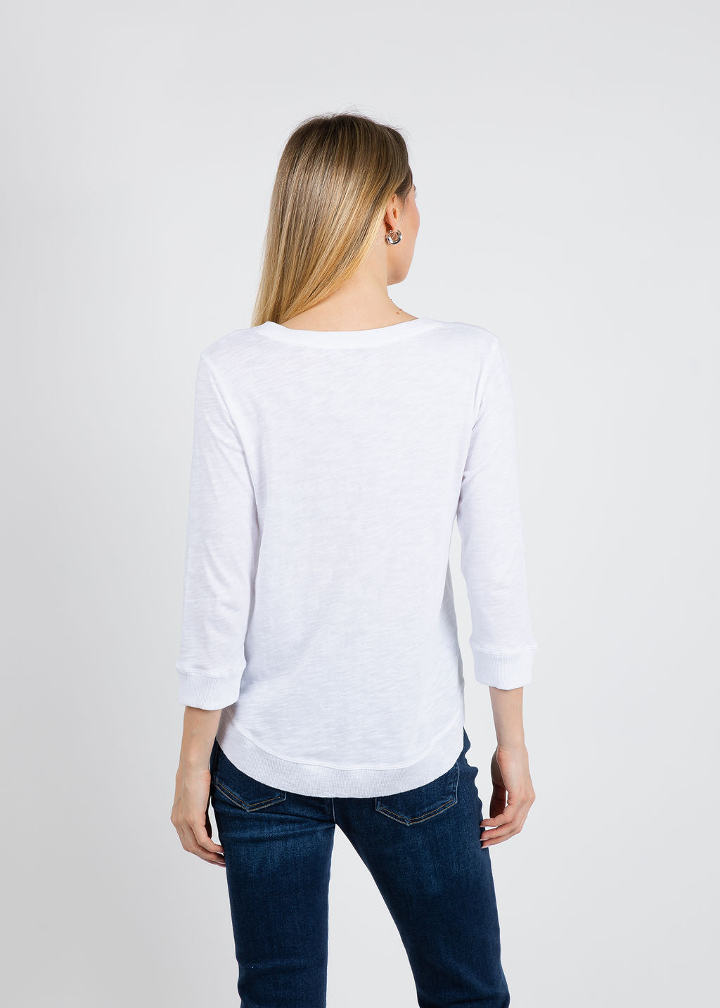 Elliott Lauren Silvie Rib 3/4 Sleeve V-Neck Tee in White available at Barbara Katz