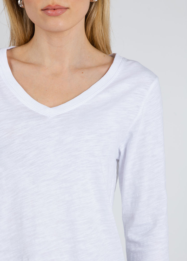 Elliott Lauren Silvie Rib 3/4 Sleeve V-Neck Tee in White available at Barbara Katz
