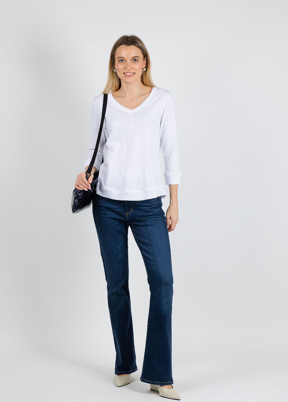 Elliott Lauren Silvie Rib 3/4 Sleeve V-Neck Tee in White available at Barbara Katz
