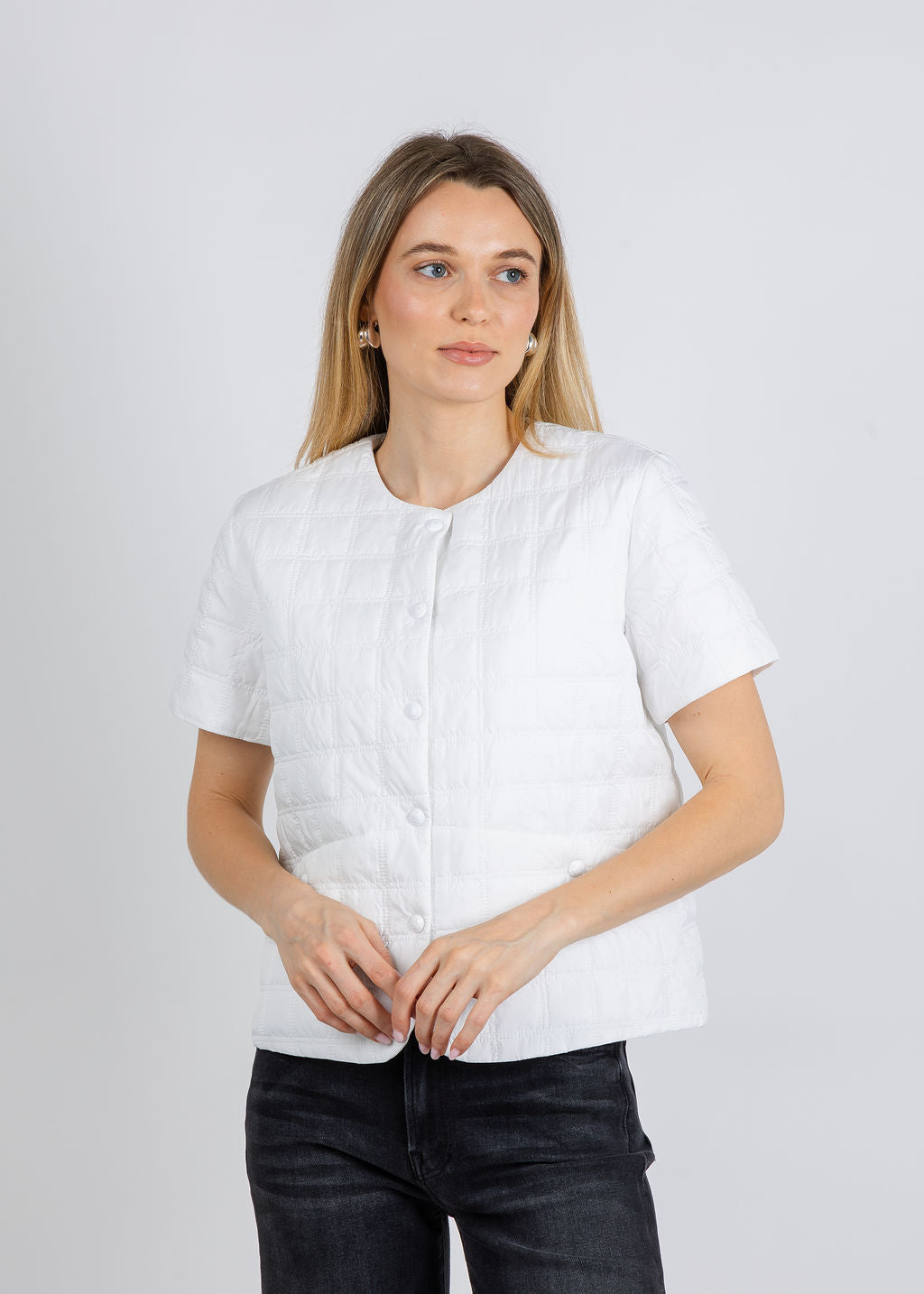 Elliott Lauren Snap Front Quilted Jacket in White available at Barbara Katz