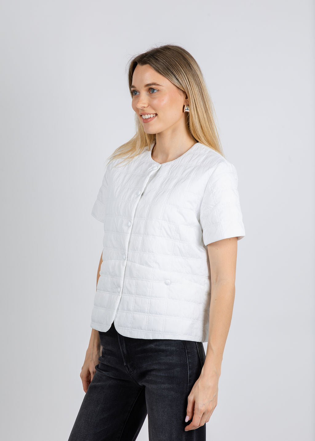 Elliott Lauren Snap Front Quilted Jacket in White available at Barbara Katz
