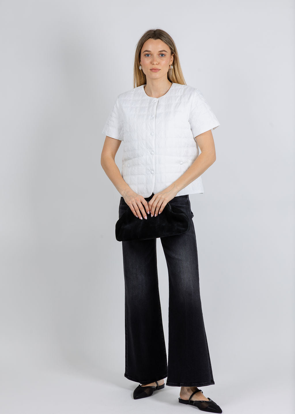 Elliott Lauren Snap Front Quilted Jacket in White available at Barbara Katz