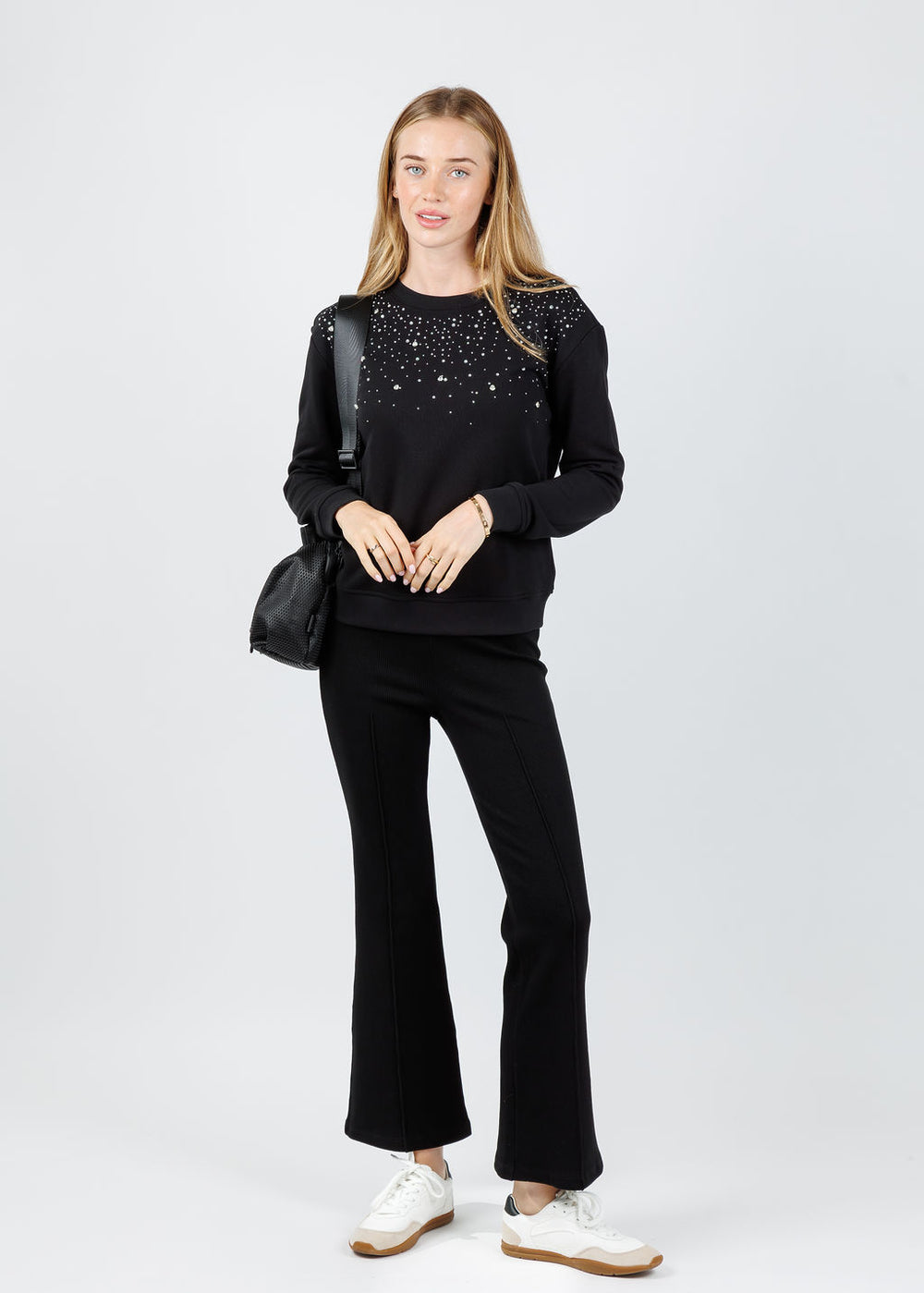 Elliott Lauren Starry Night Sweatshirt in Black paired with Donni The Rib Kick Flare Trousers in Jet available at Barbara Katz