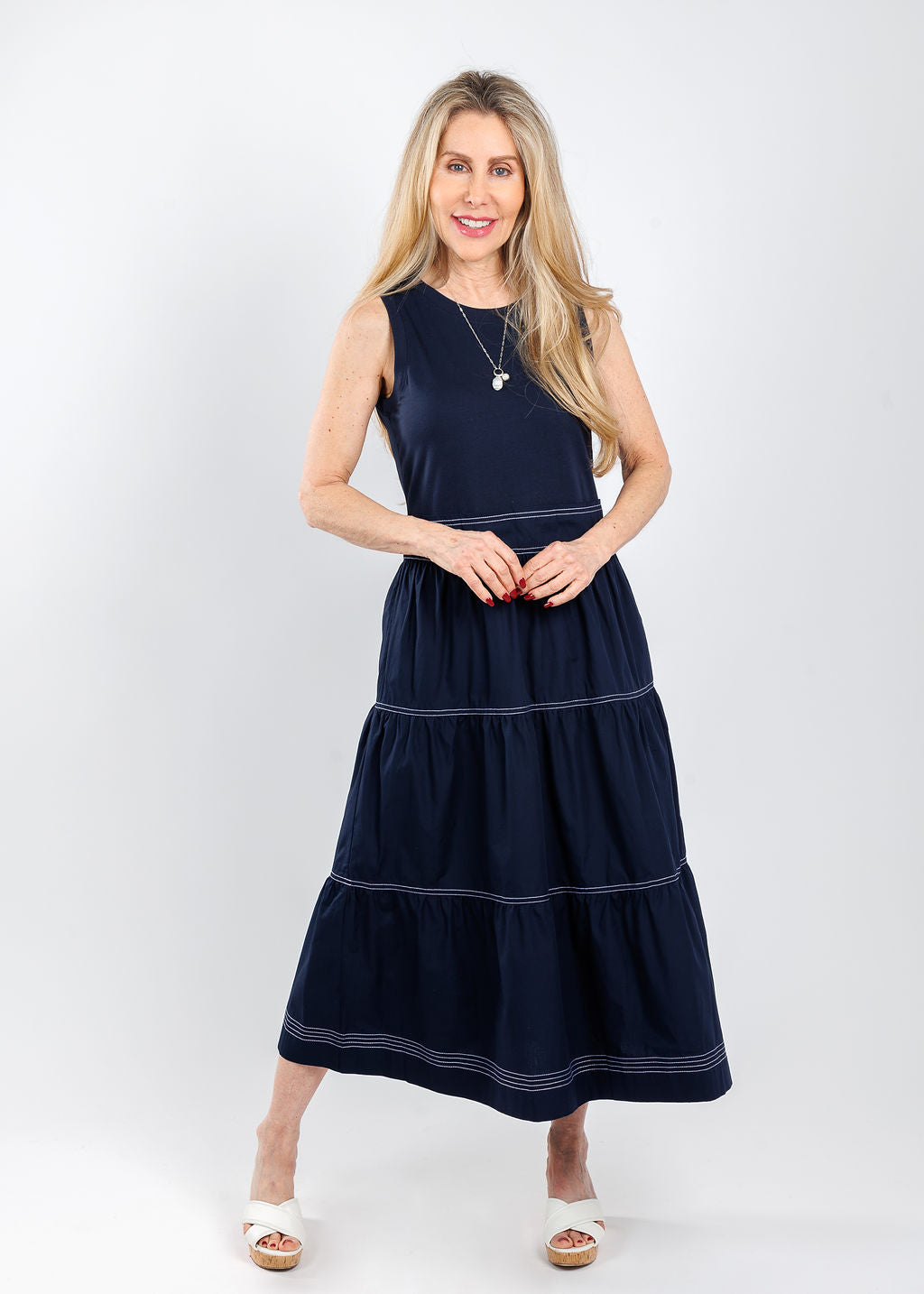 Elliott Lauren Stitch Fit Knit Woven Combo Dress in Navy available at Barbara Katz