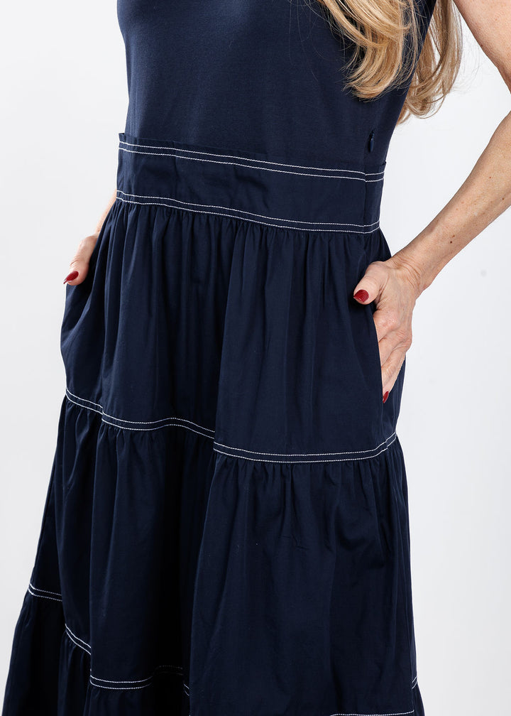 Elliott Lauren Stitch Fit Knit Woven Combo Dress in Navy available at Barbara Katz