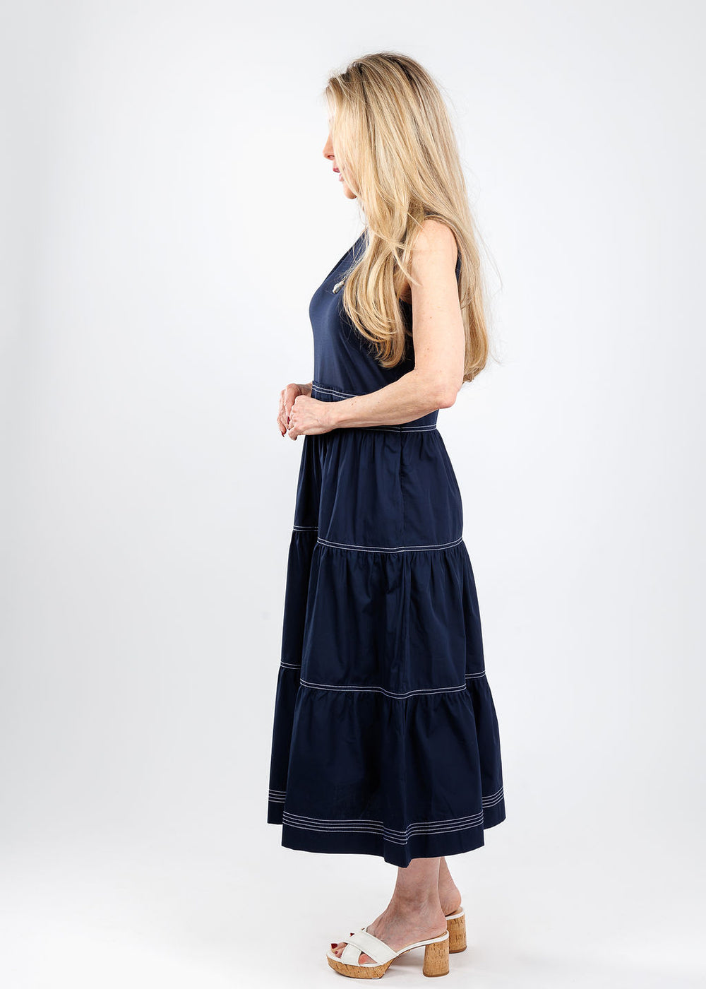 Elliott Lauren Stitch Fit Knit Woven Combo Sleeveless Dress in Navy available at Barbara Katz