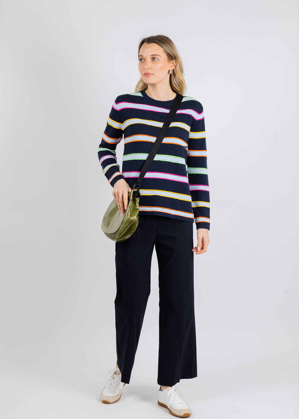Elliott Lauren Stripe Crew Neck Sweater in Navy available at Barbara Katz