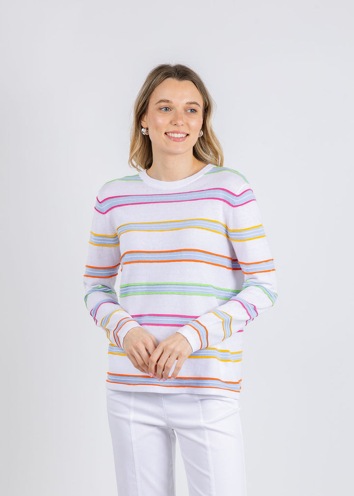 Elliott Lauren Stripe Crew Neck Sweater in White available at Barbara Katz