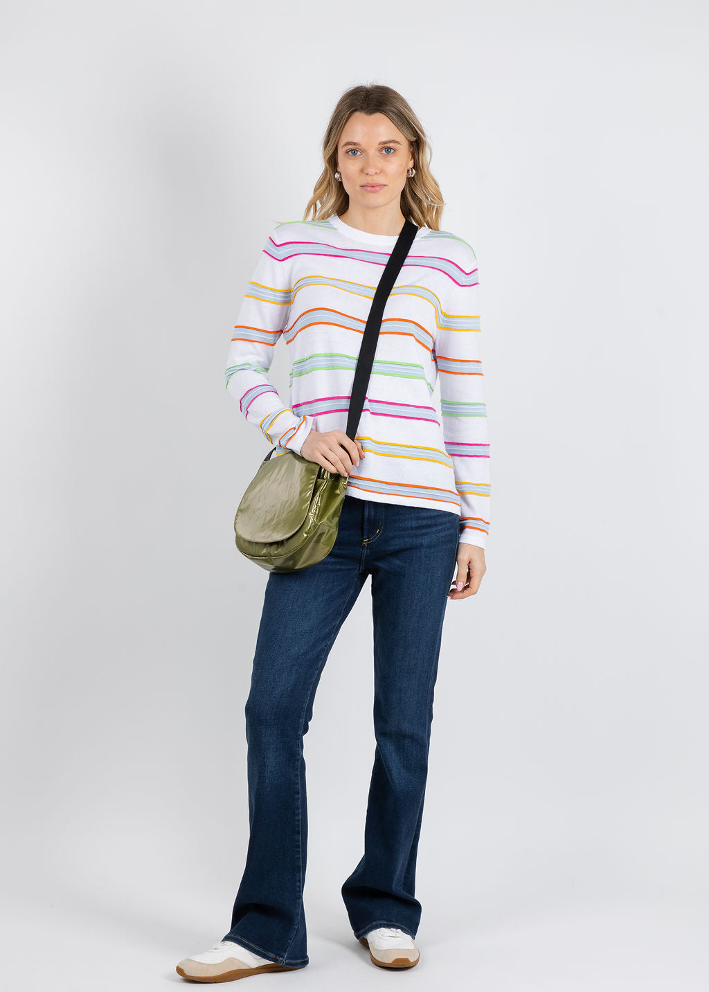 Elliott Lauren Stripe Crew Neck Sweater in White available at Barbara Katz