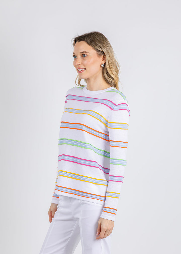 Elliott Lauren Stripe Crew Neck Sweater in White available at Barbara Katz