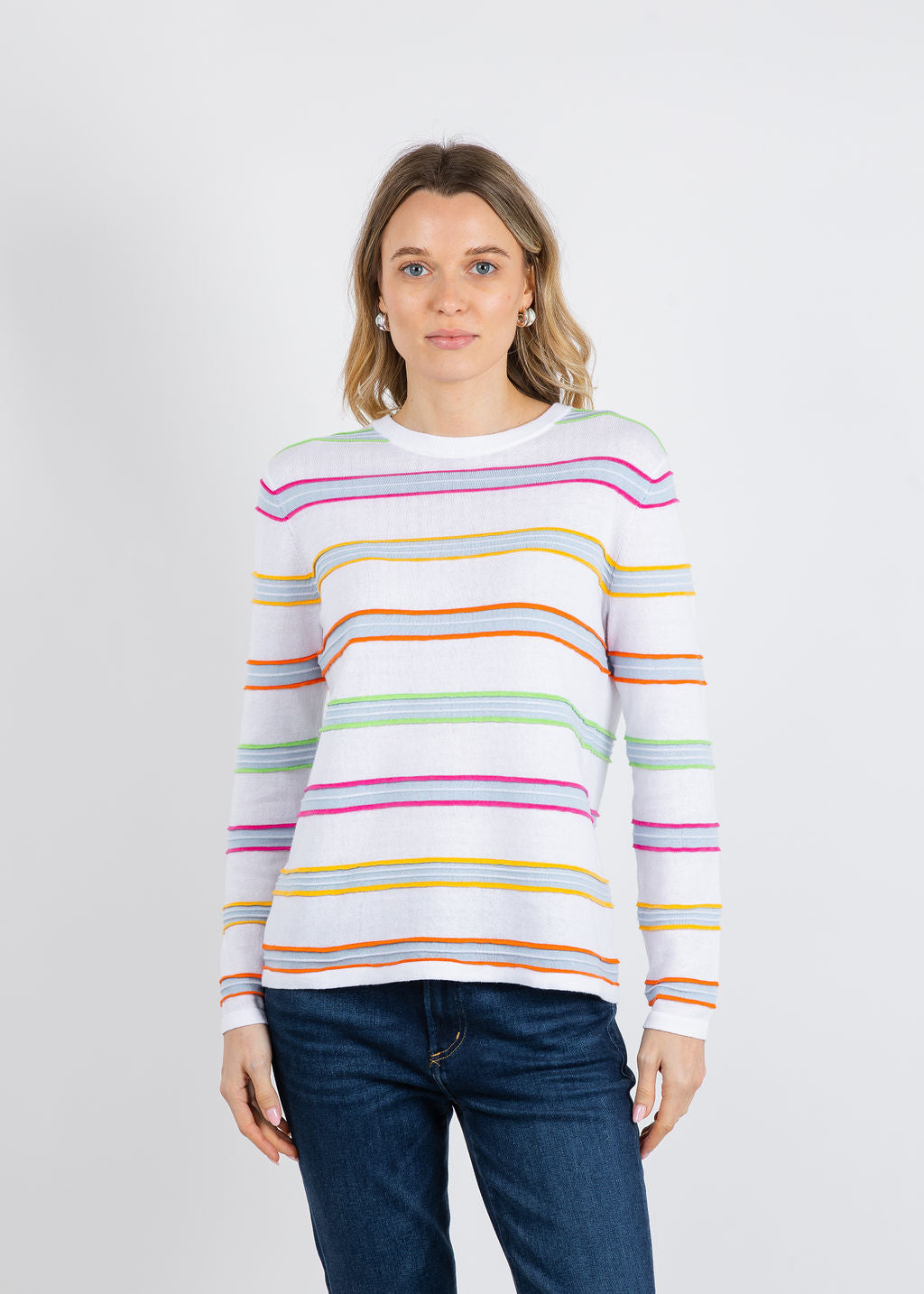 Elliott Lauren Stripe Crew Neck Sweater in White available at Barbara Katz