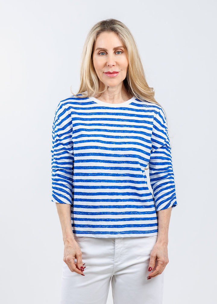Elliott Lauren Stripe Ruched Sleeve Tee in Marine/White available at Barbara Katz