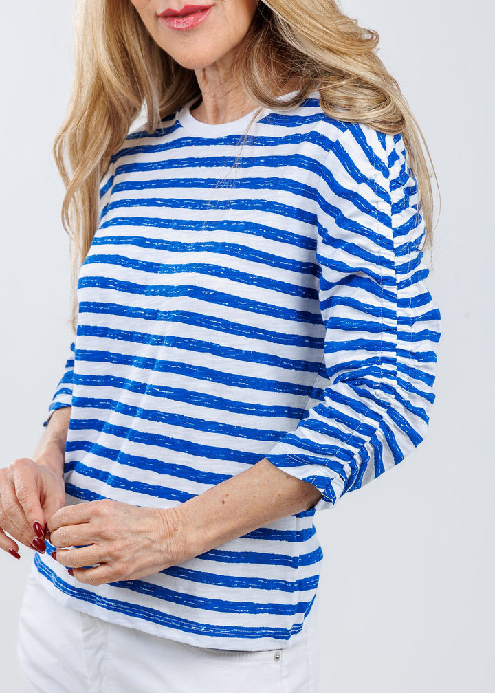 Elliott Lauren Stripe Ruched Sleeve Tee in Marine/White available at Barbara Katz