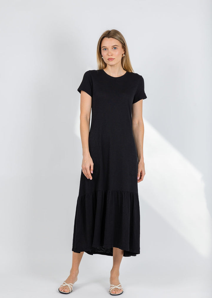 Elliott Lauren Susie Short Sleeve Dress With Ruffle in Black available at Barbara Katz
