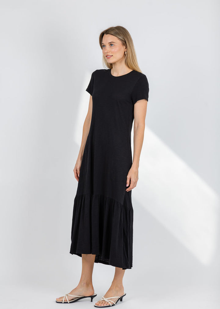 Elliott Lauren Susie Short Sleeve Dress With Ruffle in Black available at Barbara Katz