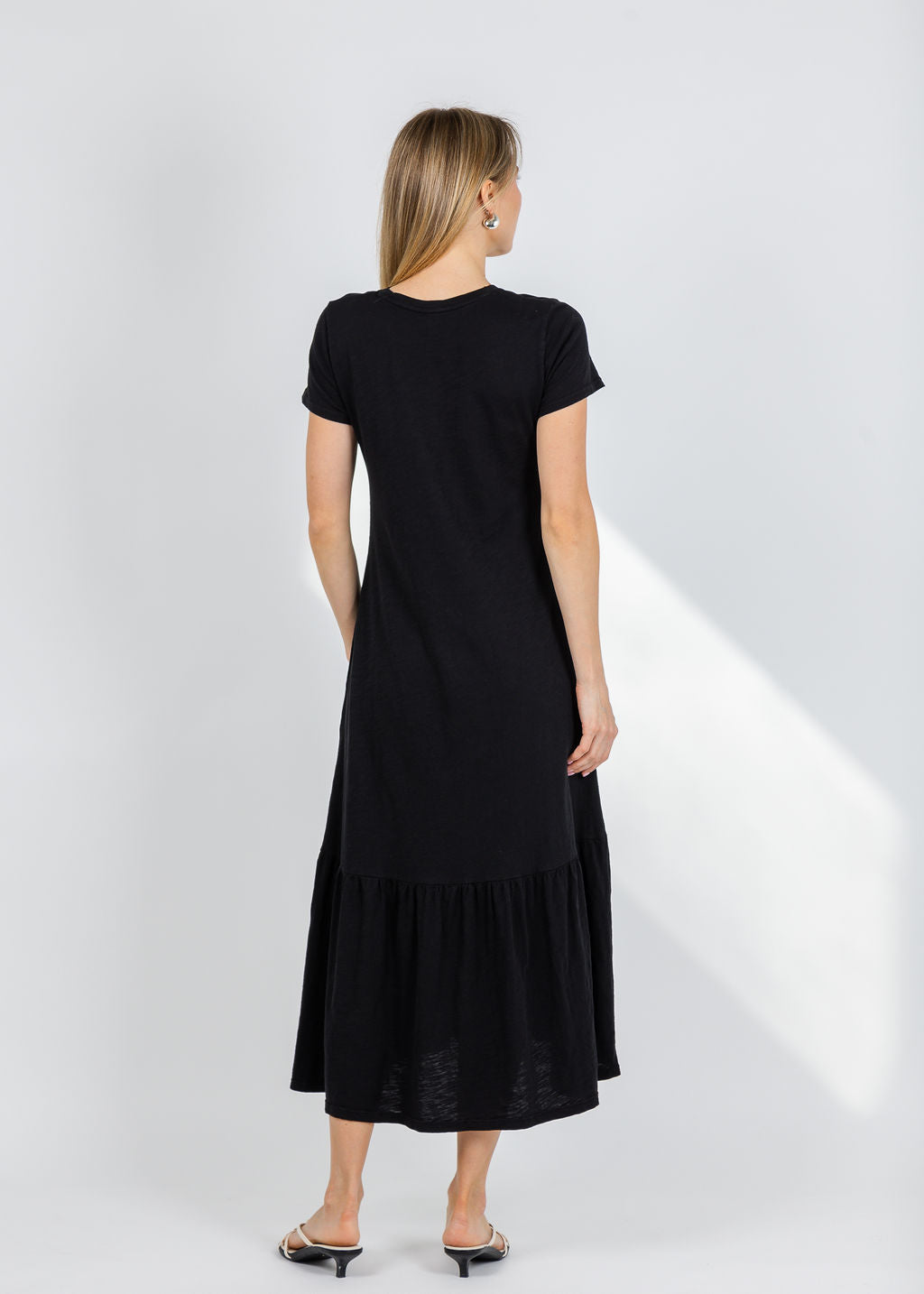 Elliott Lauren Susie Short Sleeve Dress With Ruffle in Black available at Barbara Katz