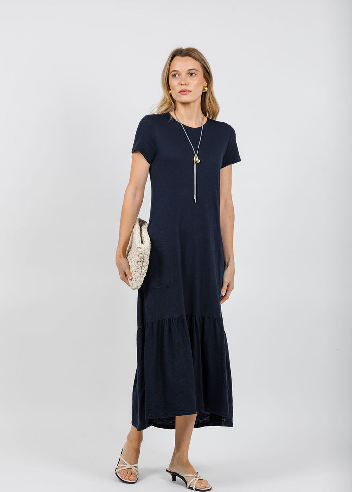 Elliott Lauren Susie Short Sleeve Dress With Ruffle in Navy available at Barbara Katz