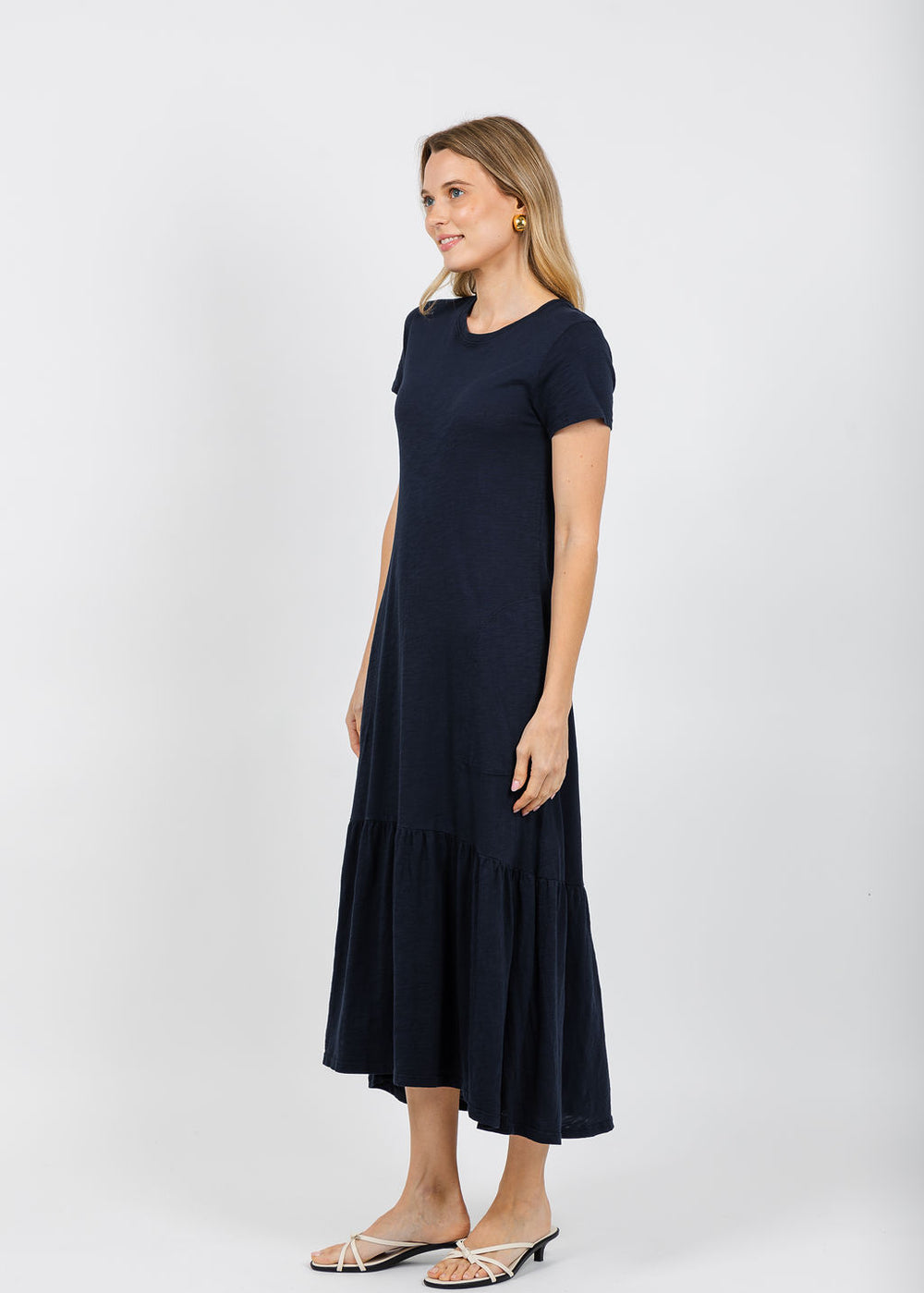 Elliott Lauren Susie Short Sleeve Dress With Ruffle in Navy available at Barbara Katz
