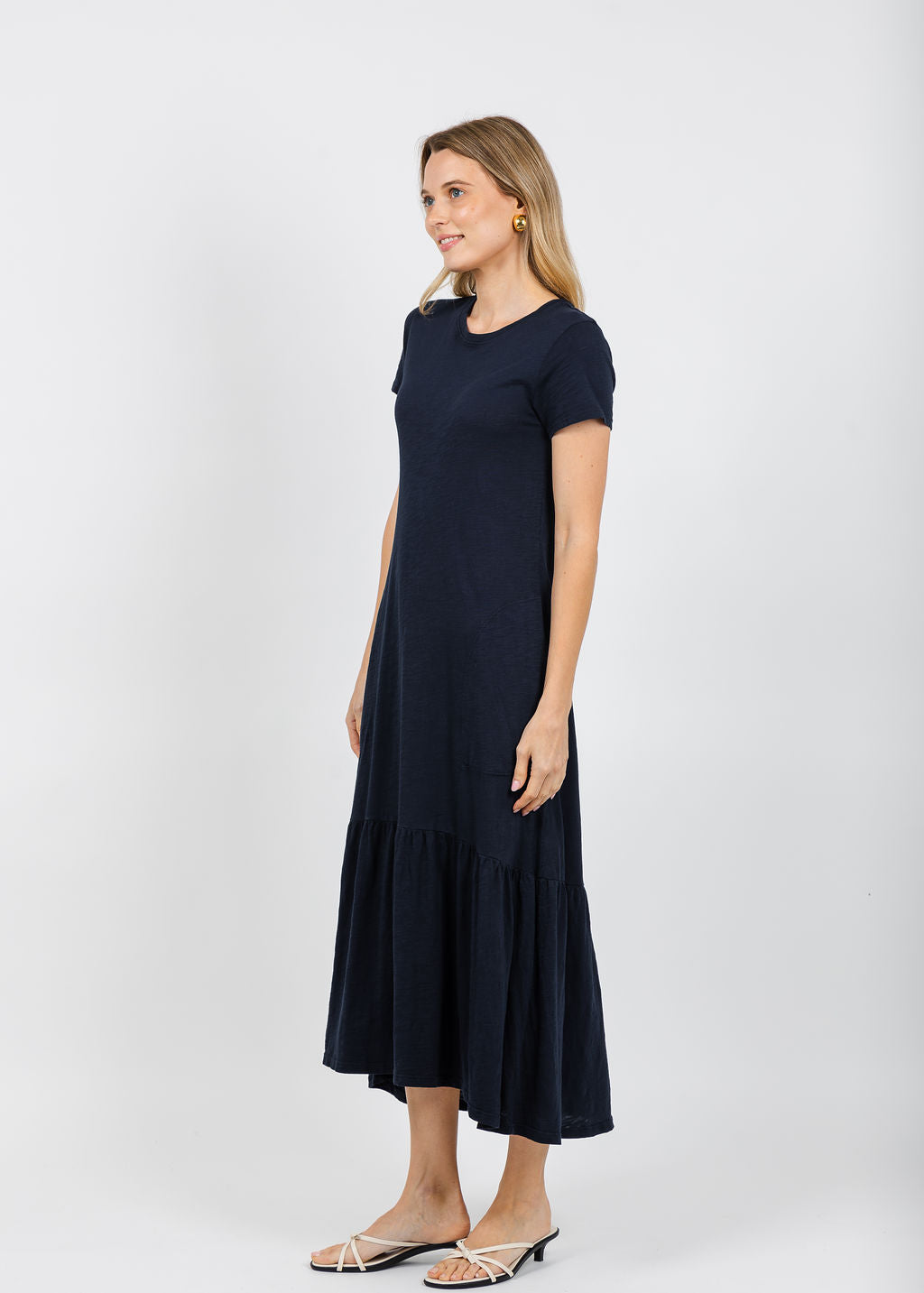 Elliott Lauren Susie Short Sleeve Dress With Ruffle in Navy available at Barbara Katz