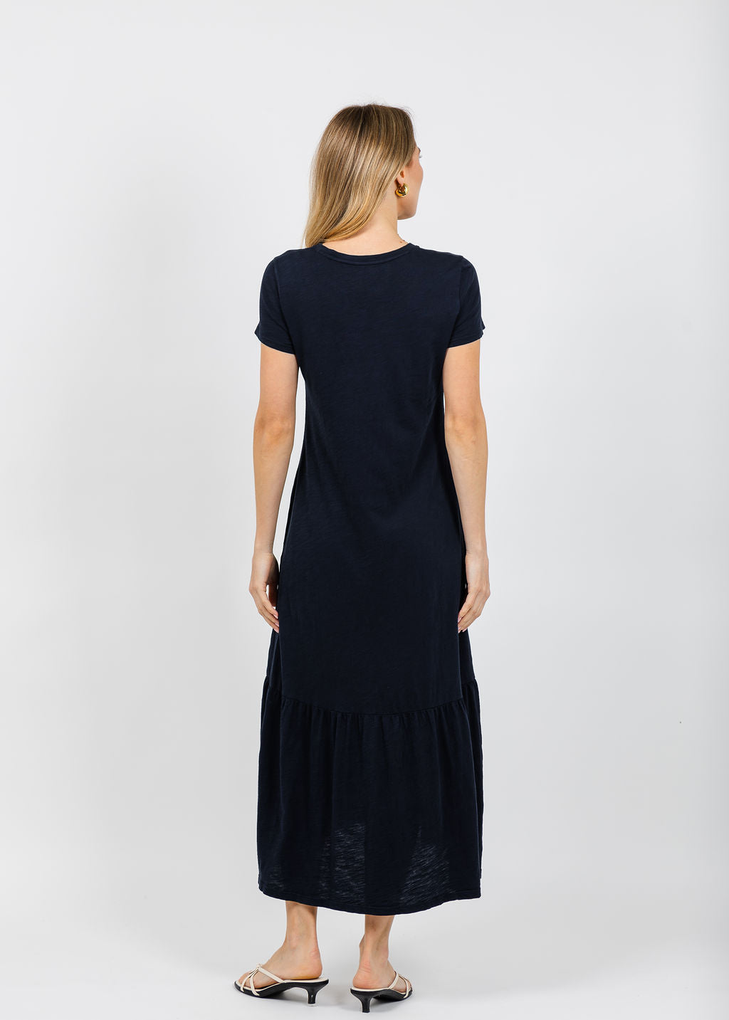 Elliott Lauren Susie Short Sleeve Dress With Ruffle in Navy available at Barbara Katz