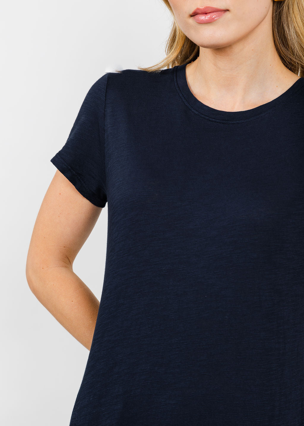 Elliott Lauren Susie Short Sleeve Dress With Ruffle in Navy available at Barbara Katz