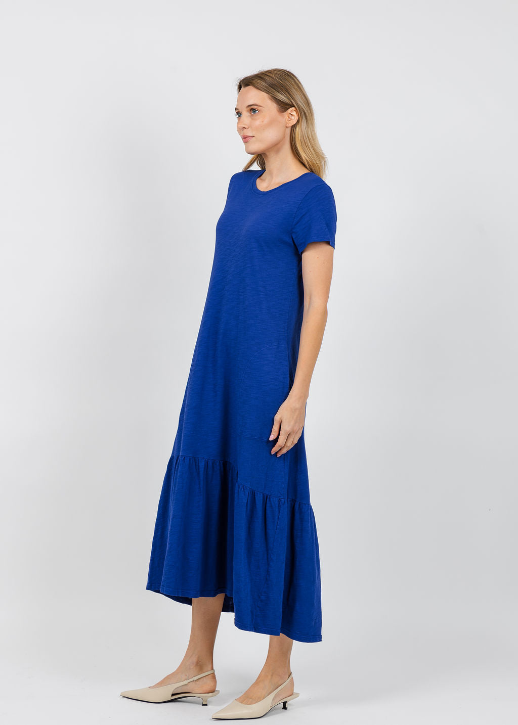 Elliott Lauren Susie Short Sleeve Dress With Ruffle in Royal available at Barbara Katz