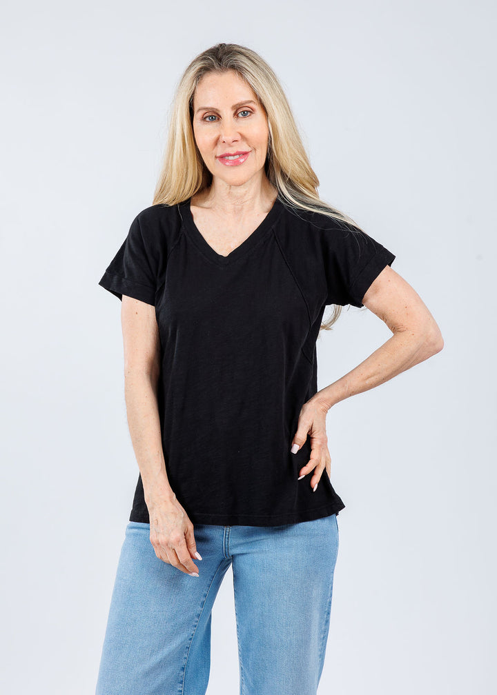 Elliott Lauren Tina Raglan Short Sleeve V-Neck Tee in Black available at Barbara Katz