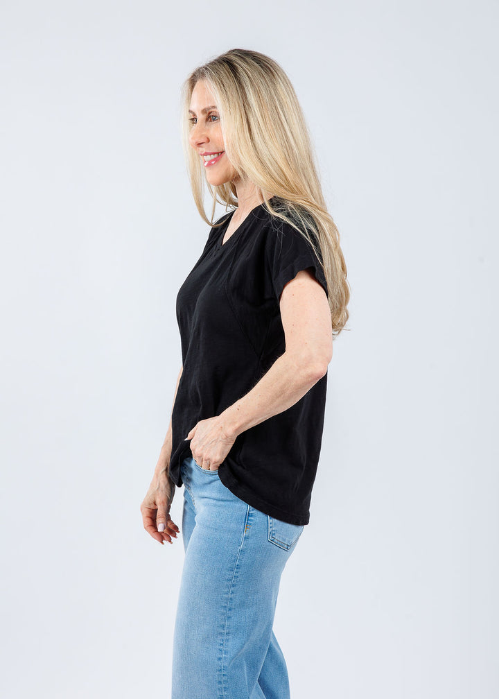Elliott Lauren Tina Raglan Short Sleeve V-Neck Tee in Black available at Barbara Katz