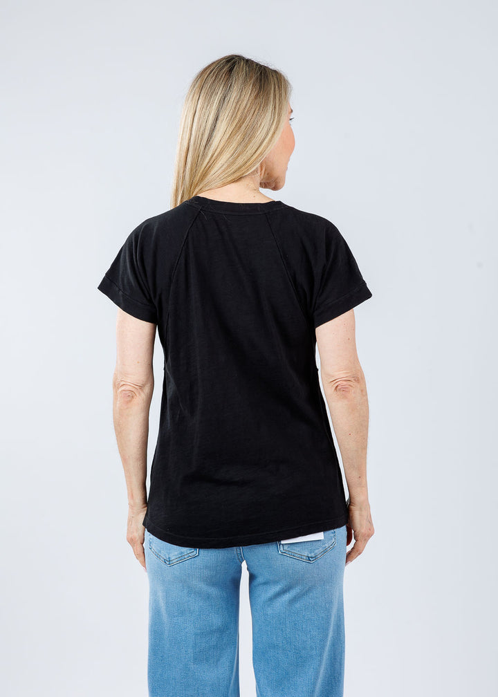 Elliott Lauren Tina Raglan Short Sleeve V-Neck Tee in Black available at Barbara Katz