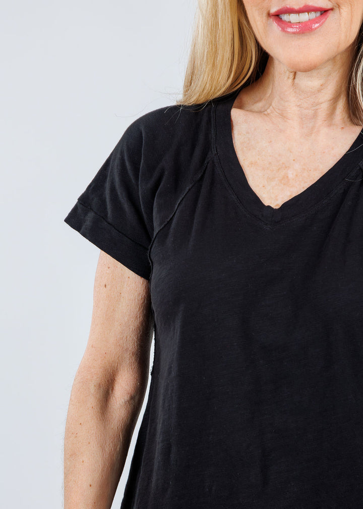 Elliott Lauren Tina Raglan Short Sleeve V-Neck Tee in Black available at Barbara Katz