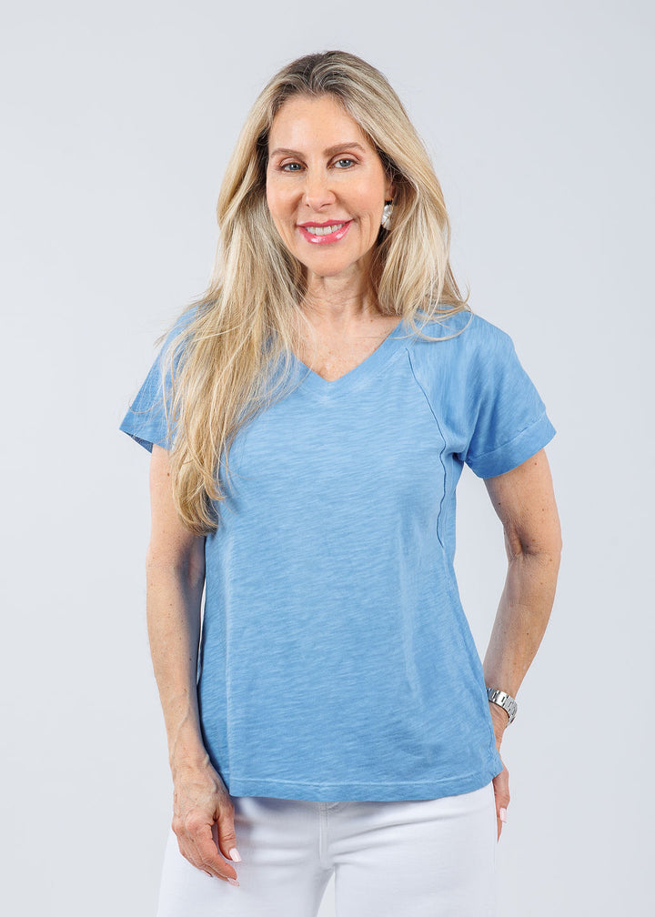Elliott Lauren Tina Raglan Short Sleeve V-Neck Tee in Denim available at Barbara Katz