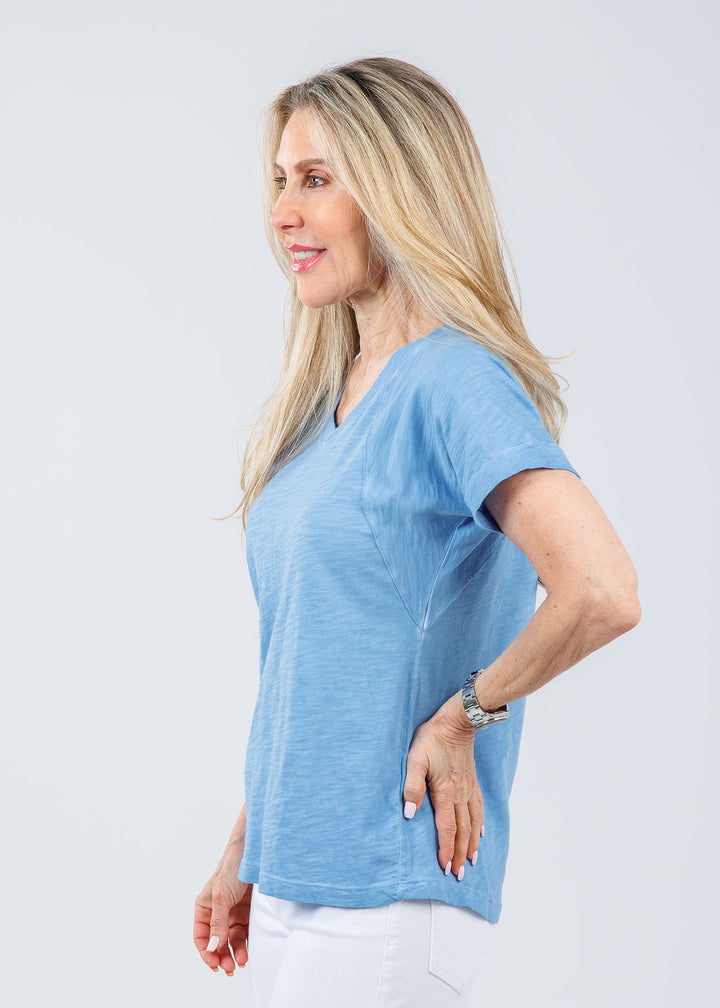 Elliott Lauren Tina Raglan Short Sleeve V-Neck Tee in Denim Blue available at Barbara Katz