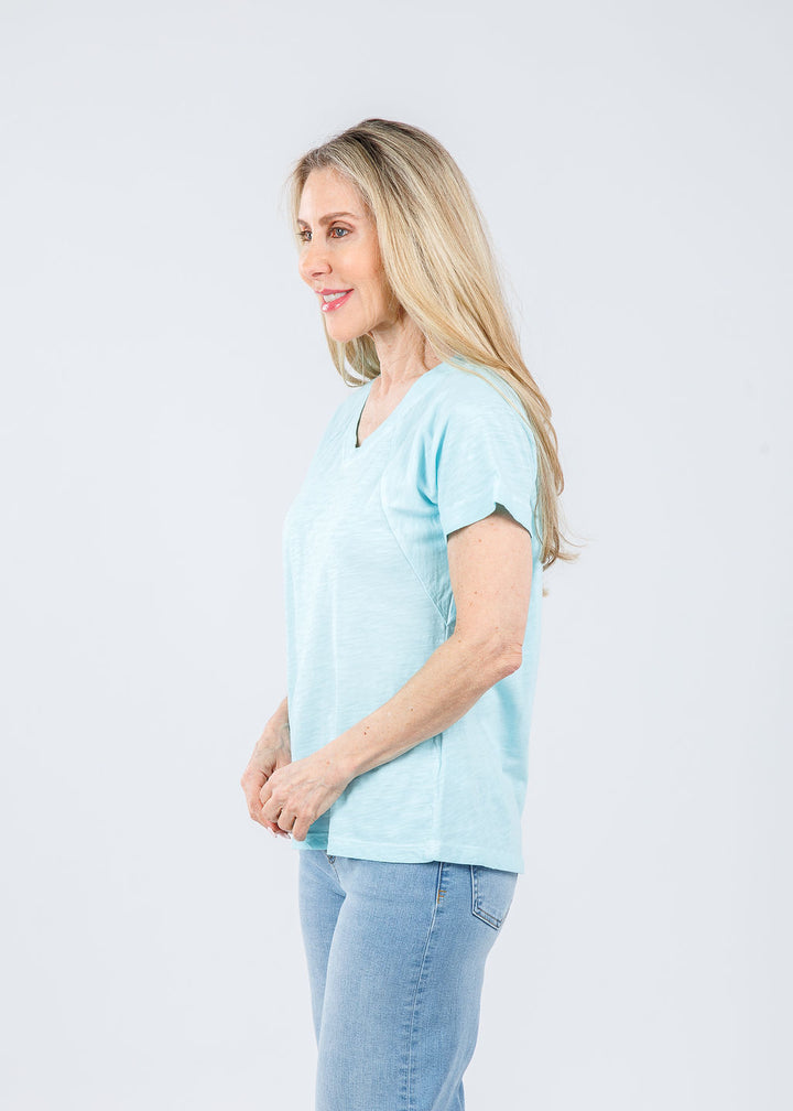 Elliott Lauren Tina Raglan Short Sleeve V-Neck Tee in Mist available at Barbara Katz