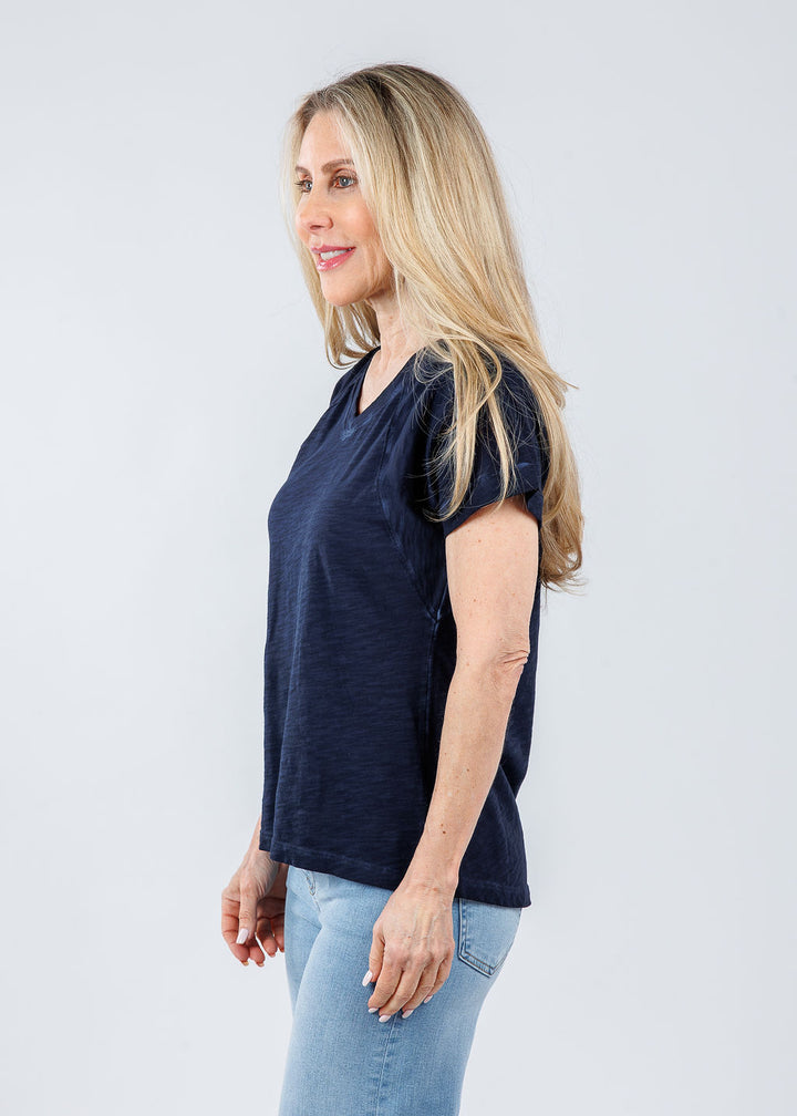 Elliott Lauren Tina Raglan Short Sleeve V-Neck Tee in Navy available at Barbara Katz