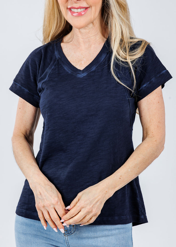 Elliott Lauren Tina Raglan Short Sleeve V-Neck Tee in Navy available at Barbara Katz