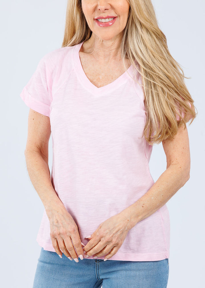 Elliott Lauren Tina Raglan Short Sleeve V-Neck Tee in Petal Pink available at Barbara Katz