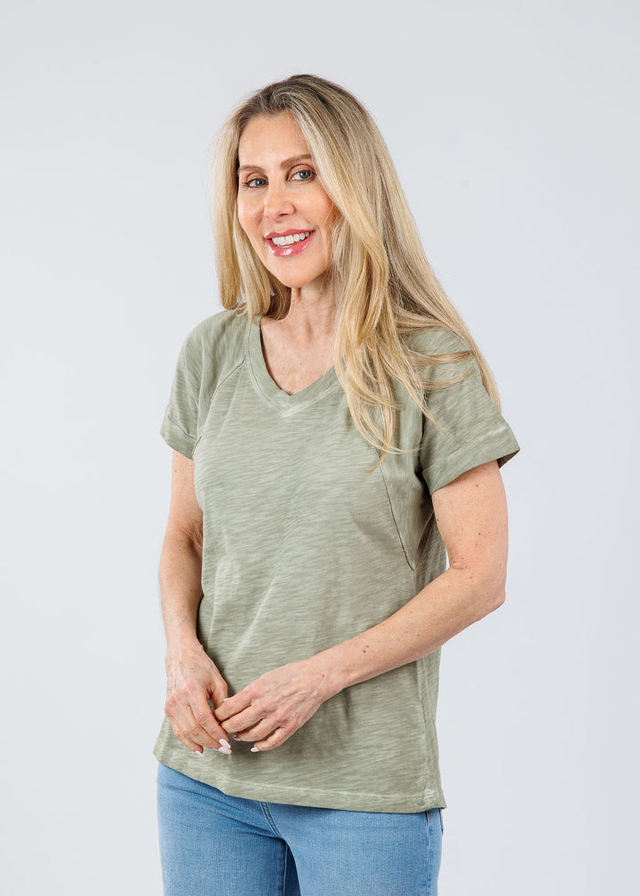 Elliott Lauren Tina Raglan Short Sleeve V-Neck Tee in Thyme available at Barbara Katz