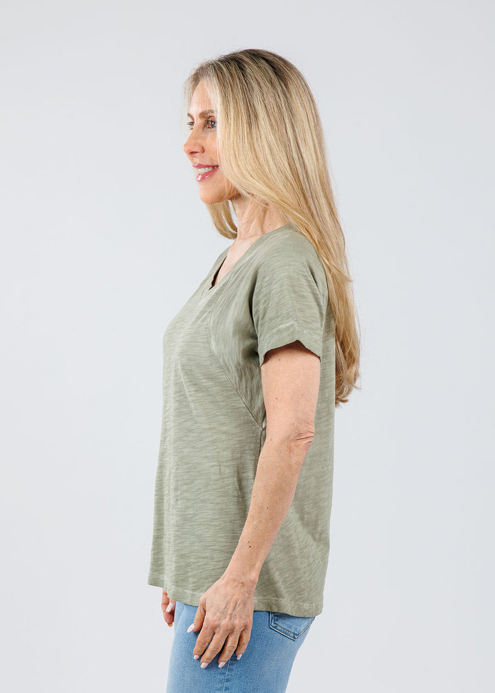 Elliott Lauren Tina Raglan Short Sleeve V-Neck Tee in Thyme available at Barbara Katz