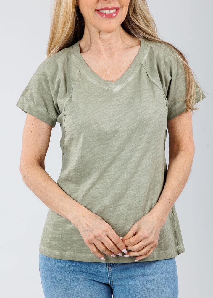 Elliott Lauren Tina Raglan Short Sleeve V-Neck Tee in Thyme available at Barbara Katz