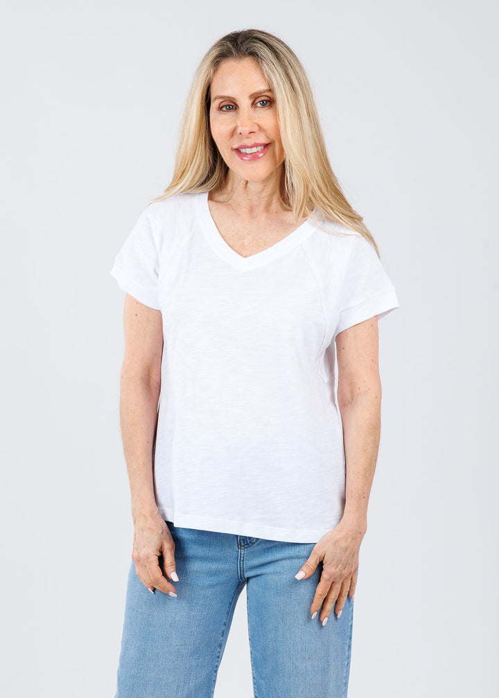Elliott Lauren Tina Raglan Short Sleeve V-Neck Tee in White available at Barbara Katz