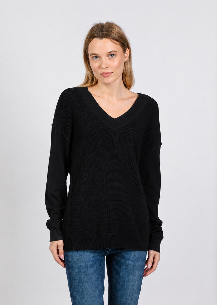 Elliott Lauren V Neck Waffle Sweater in Black available at Barbara Katz