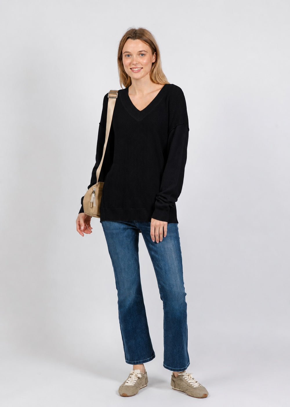 Elliott Lauren V Neck Waffle Sweater in Black available at Barbara Katz