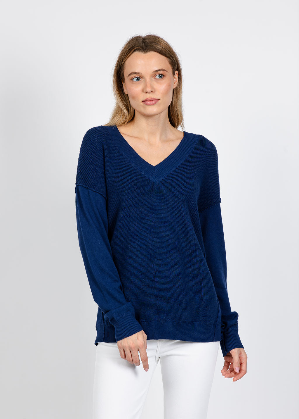 Elliott Lauren V Neck Waffle Sweater in Indigo available at Barbara Katz