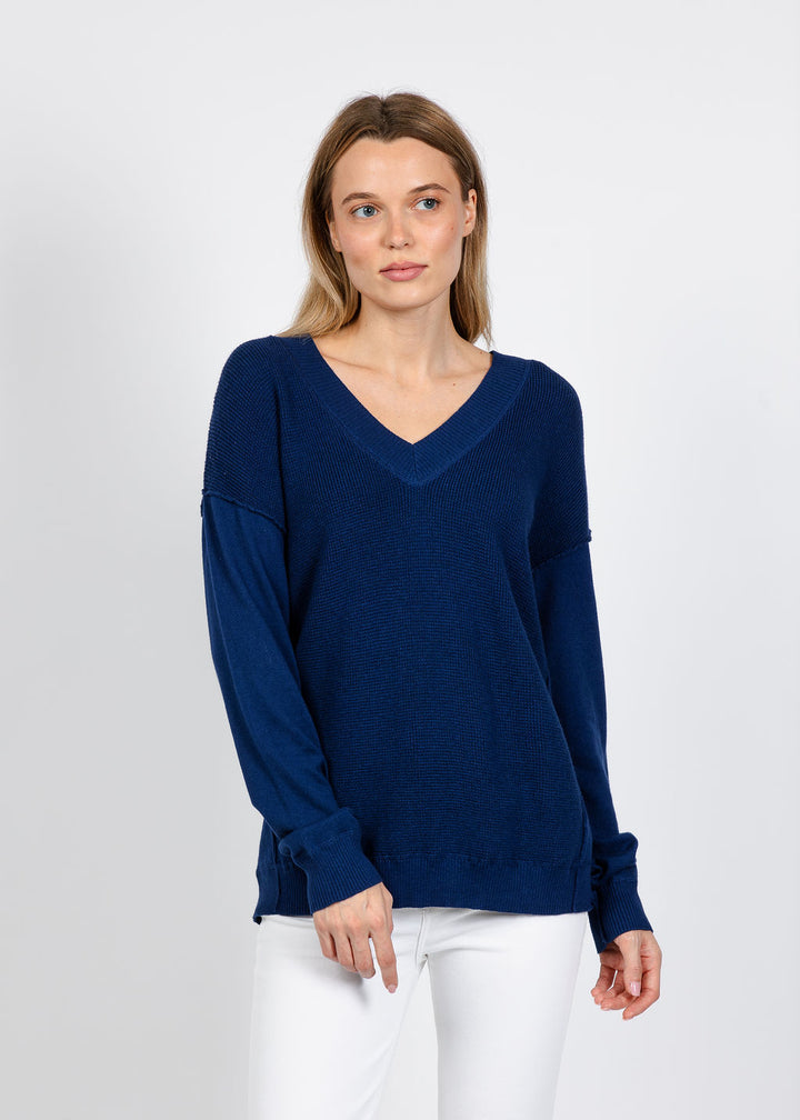 Elliott Lauren V Neck Waffle Sweater in Indigo available at Barbara Katz