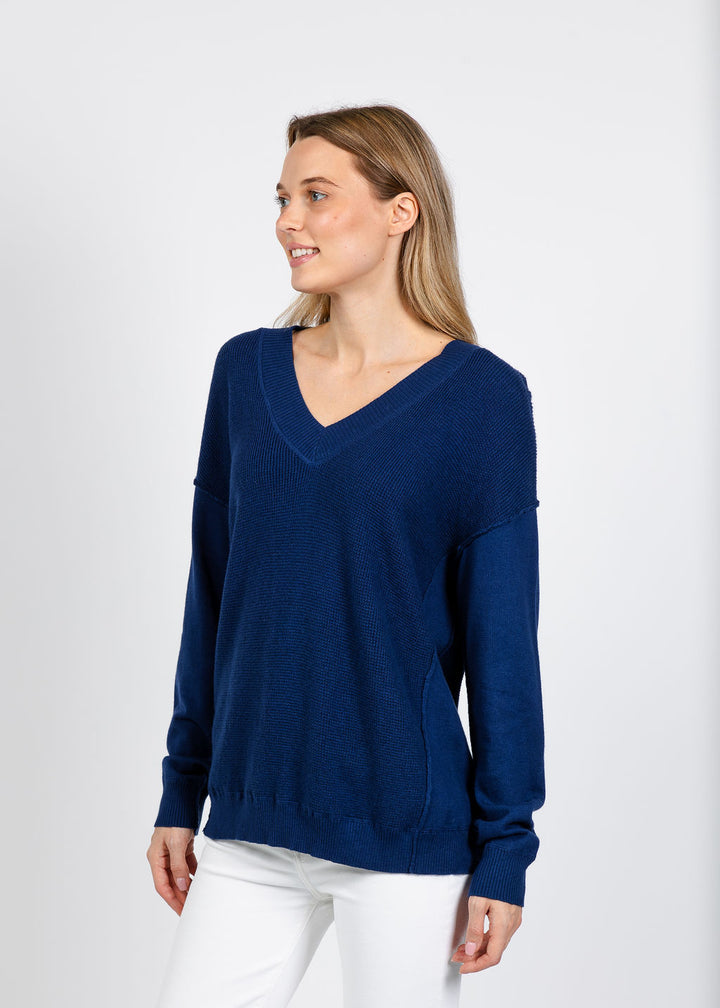 Elliott Lauren V Neck Waffle Sweater in Indigo available at Barbara Katz