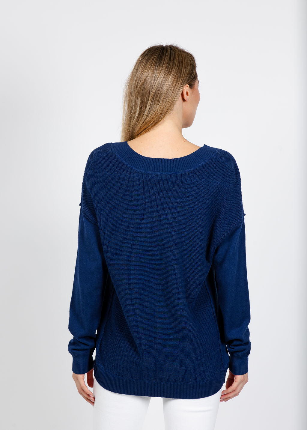 Elliott Lauren V Neck Waffle Sweater in Indigo available at Barbara Katz